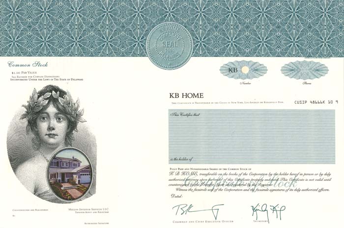 KB Home - Specimen Stock Certificate